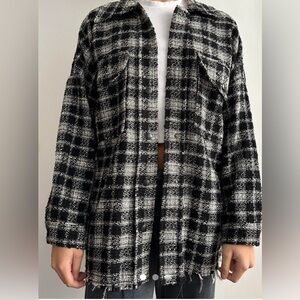 Zara Plaid Black and White Frayed Tweed Women's Overshirt Jacket, Size Large